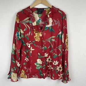 Vintage Tess Studio 1x 100% Silk Blouse Floral Fairy Cottage Red Ruffle Button